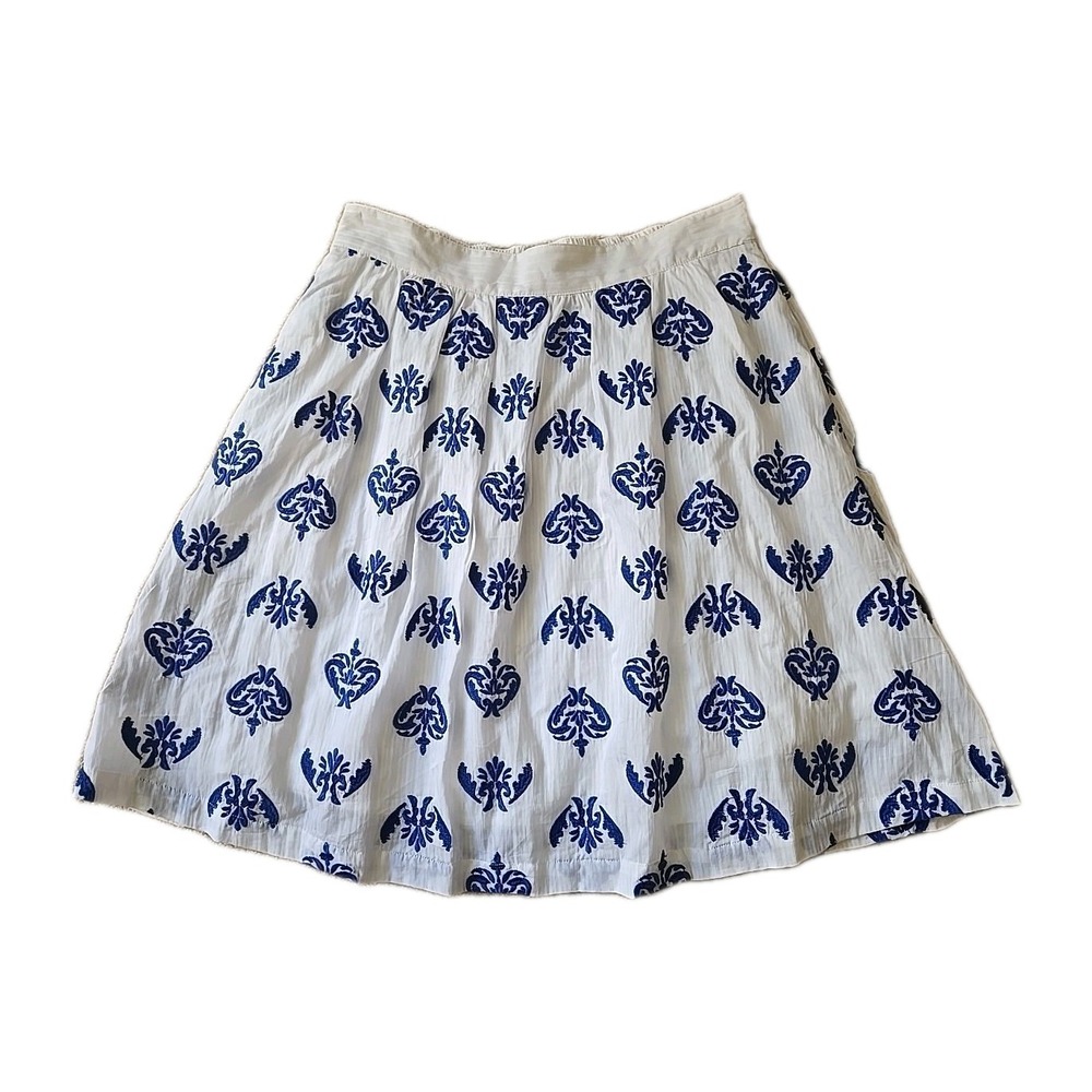 Lands End Skirt Sz 10 Chic White Blue Damask Floral A Line Flare Lined Embroider
